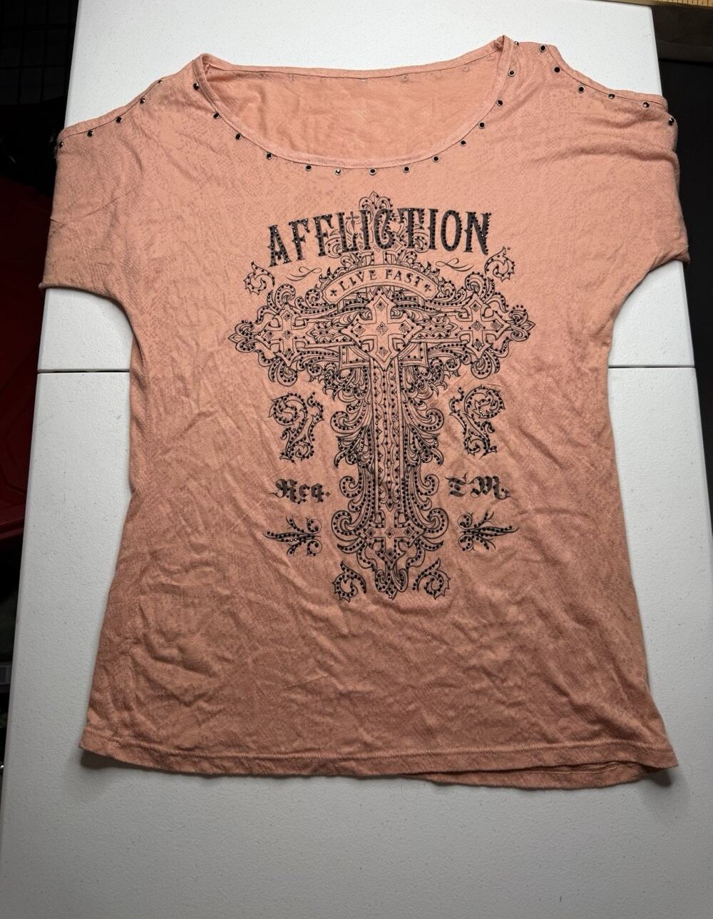 Affliction Vintage Y2K Cyber Grunge Goth Rhinestone Top Cold Shoulder Sz S